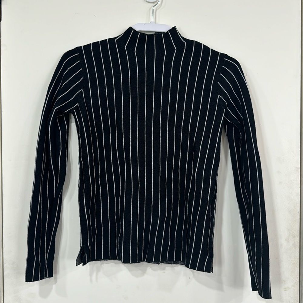 Zara Black White Stripe Mock Neck Fitted Long Sleeve Knit